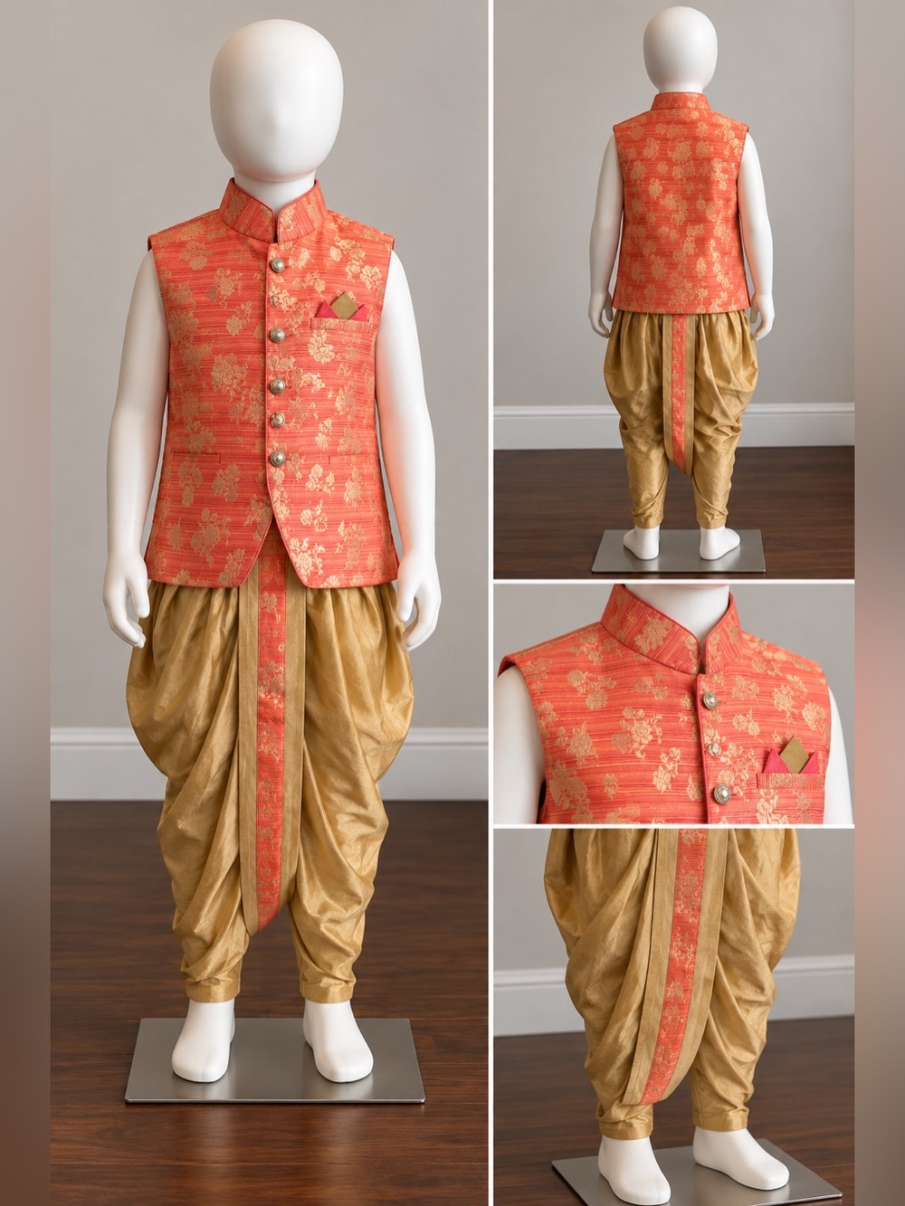 Boys Gold Flora Kurta Waist Coat and Beige Dhoti Pants Set